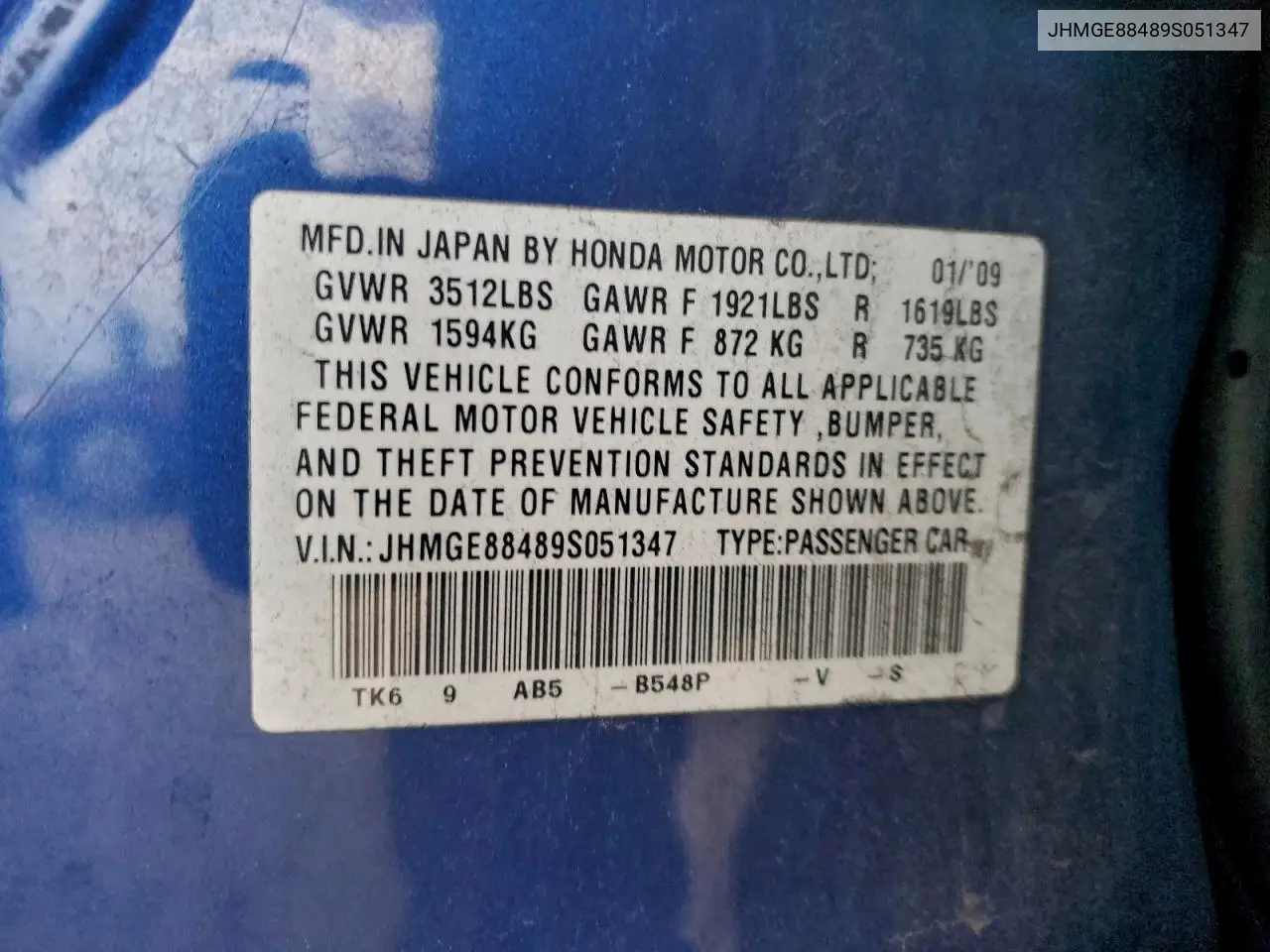 JHMGE88489S051347 2009 Honda Fit Sport