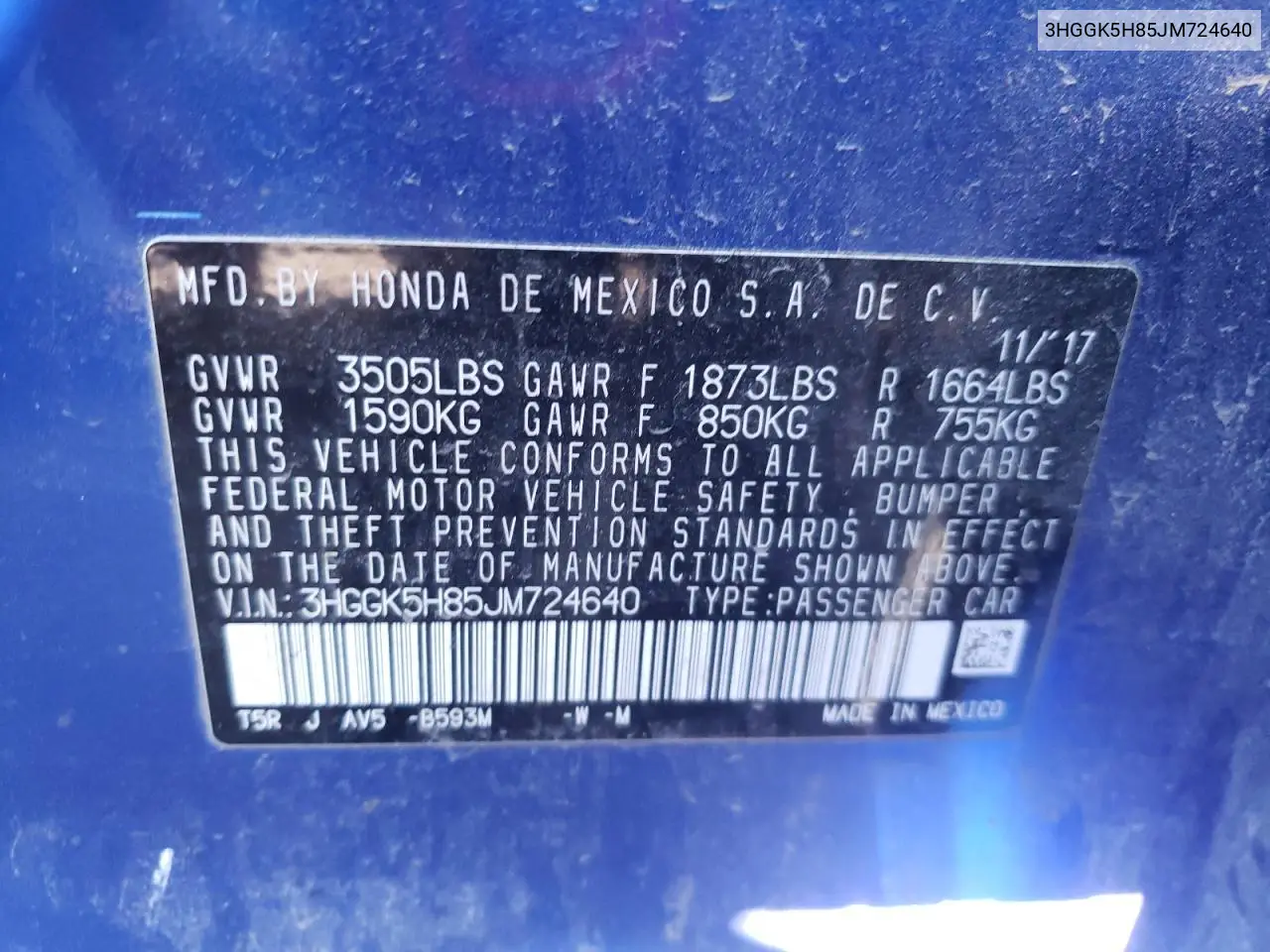 3HGGK5H85JM724640 2018 Honda Fit Ex