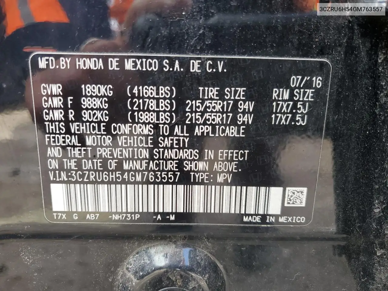 3CZRU6H54GM763557 2016 Honda Hr-V Ex