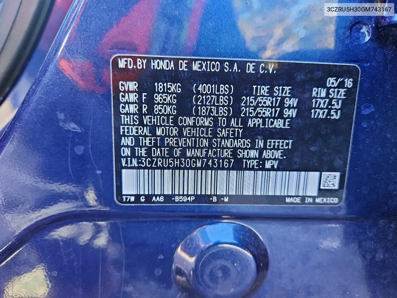 3CZRU5H30GM743167 2016 Honda Hr-V Lx