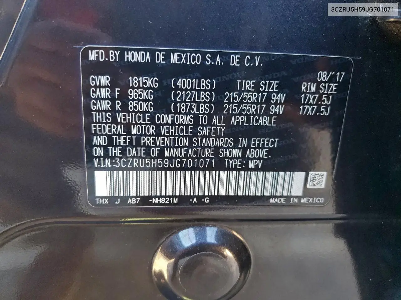 3CZRU5H59JG701071 2018 Honda Hr-V Ex