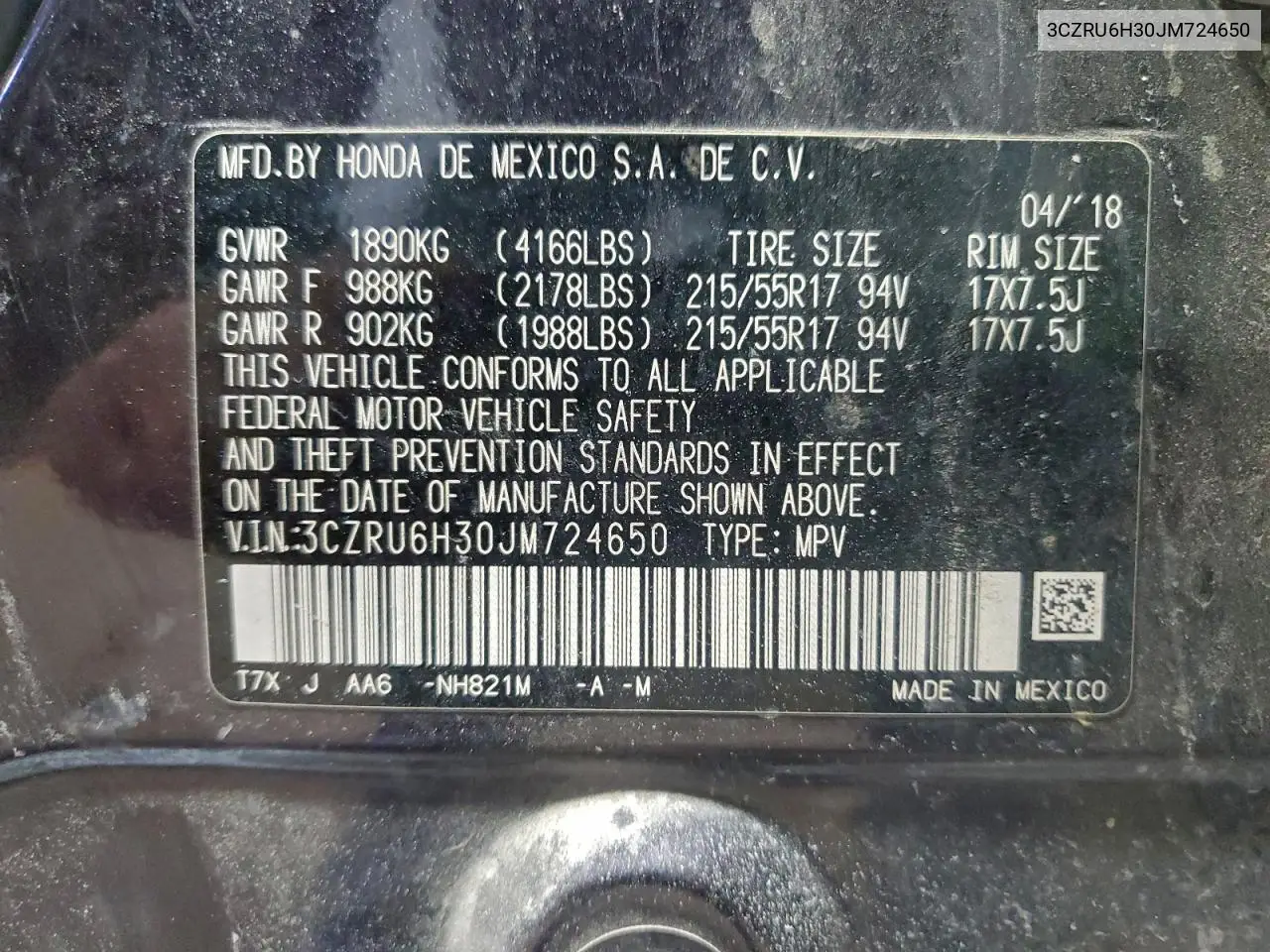 3CZRU6H30JM724650 2018 Honda Hr-V Lx
