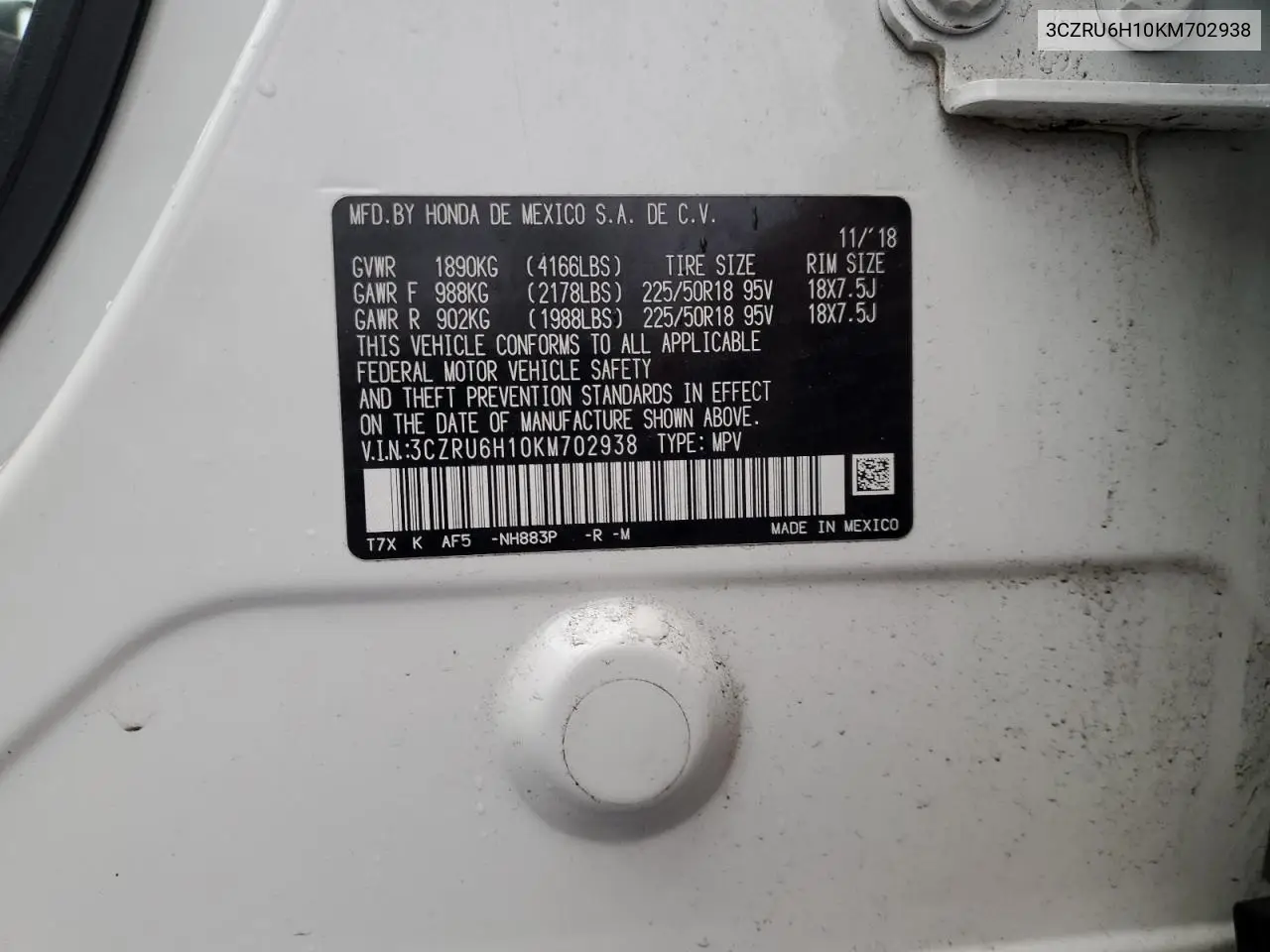 3CZRU6H10KM702938 2019 Honda Hr-V Sport