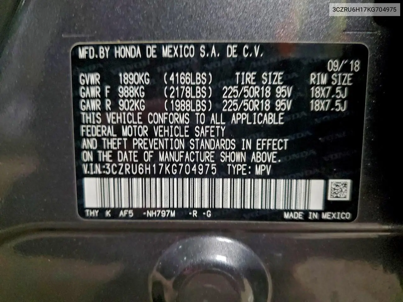 3CZRU6H17KG704975 2019 Honda Hr-V Sport