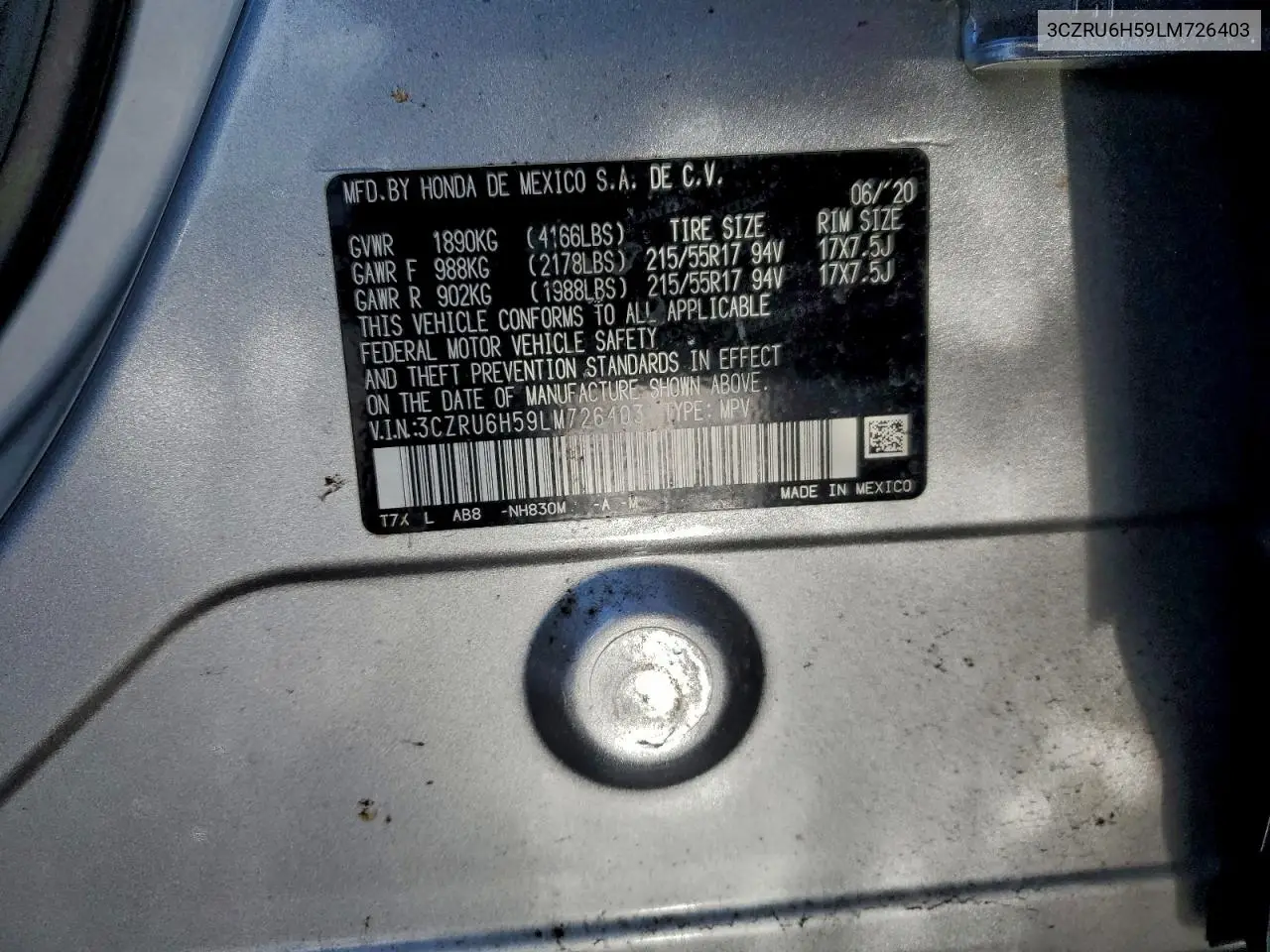 3CZRU6H59LM726403 2020 Honda Hr-V Ex