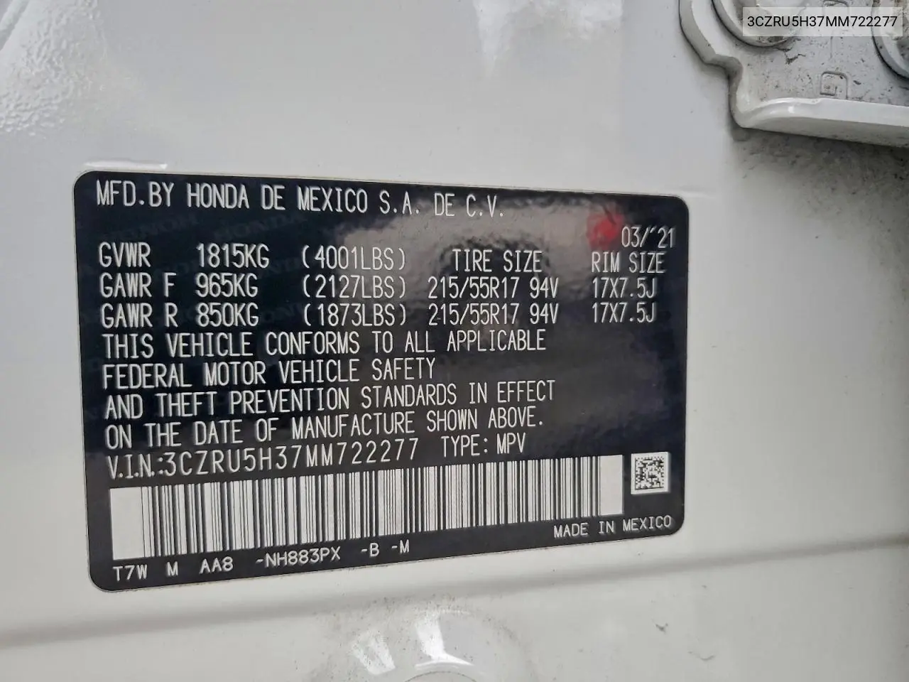 3CZRU5H37MM722277 2021 Honda Hr-V Lx