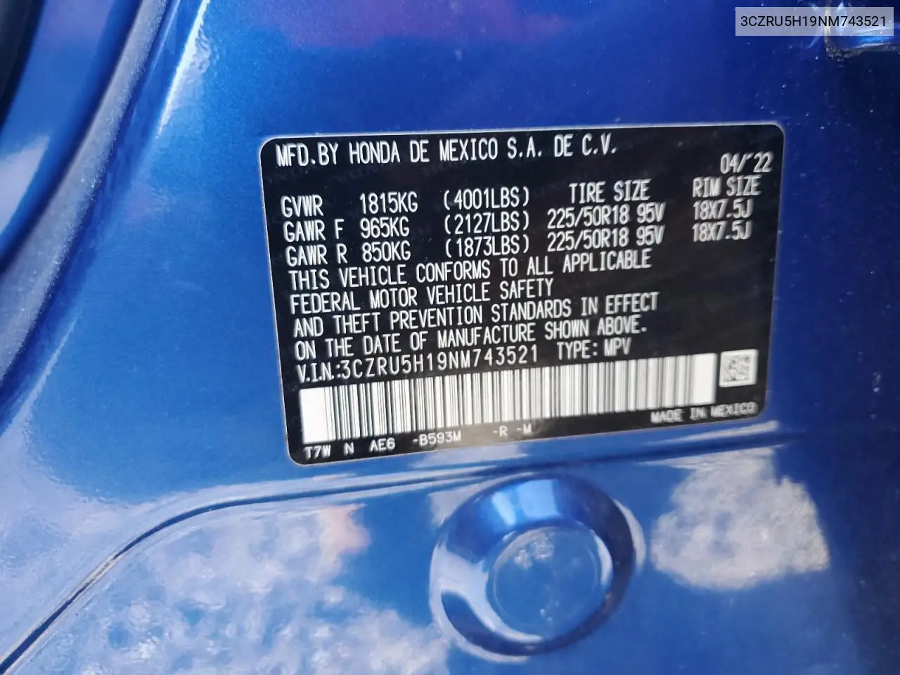 3CZRU5H19NM743521 2022 Honda Hr-V Sport