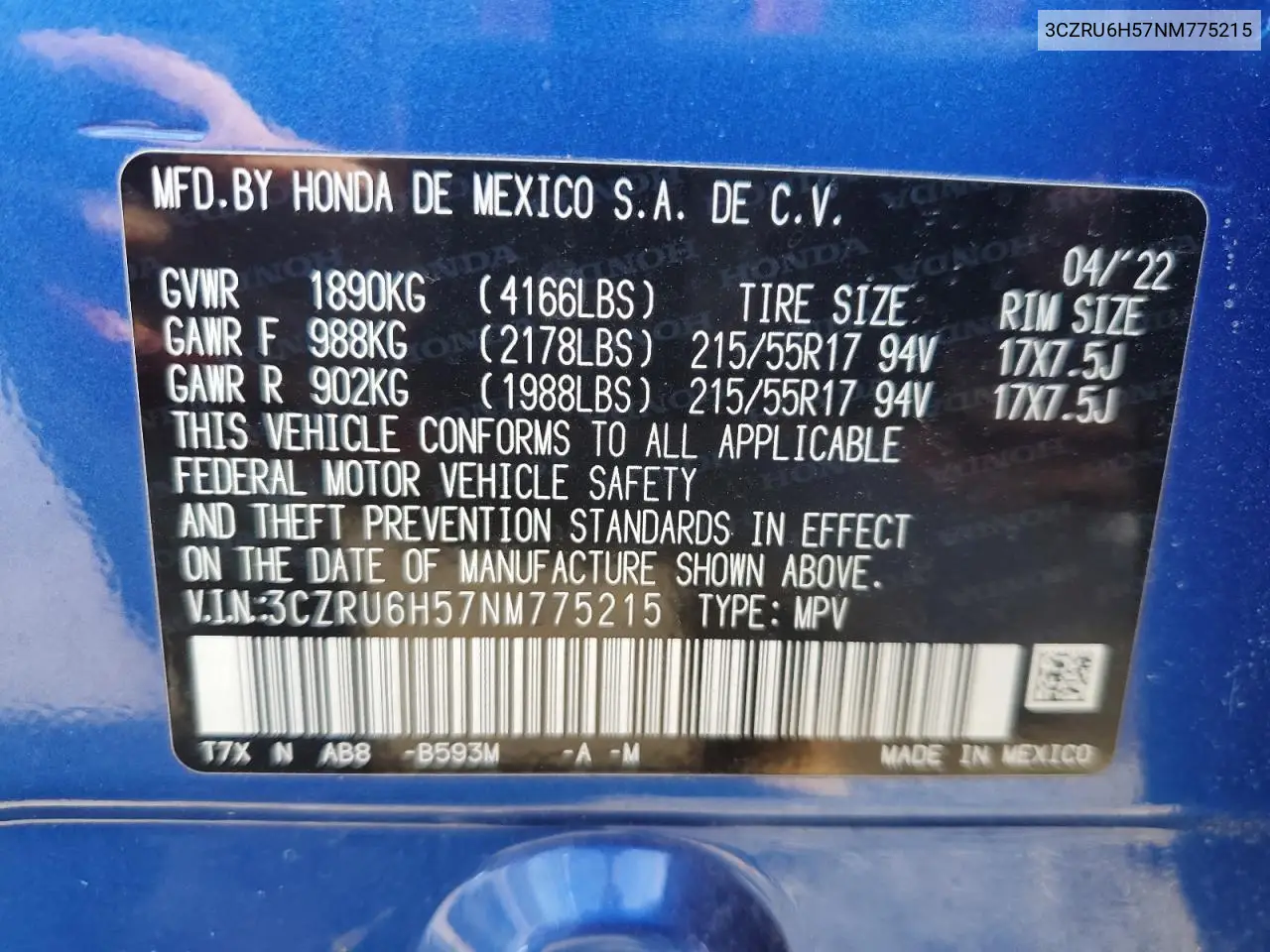 3CZRU6H57NM775215 2022 Honda Hr-V Ex