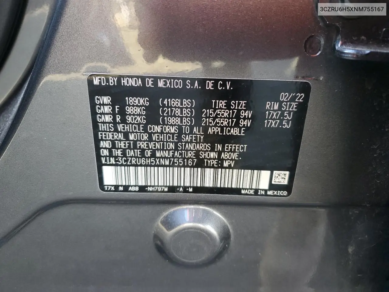 3CZRU6H5XNM755167 2022 Honda Hr-V Ex