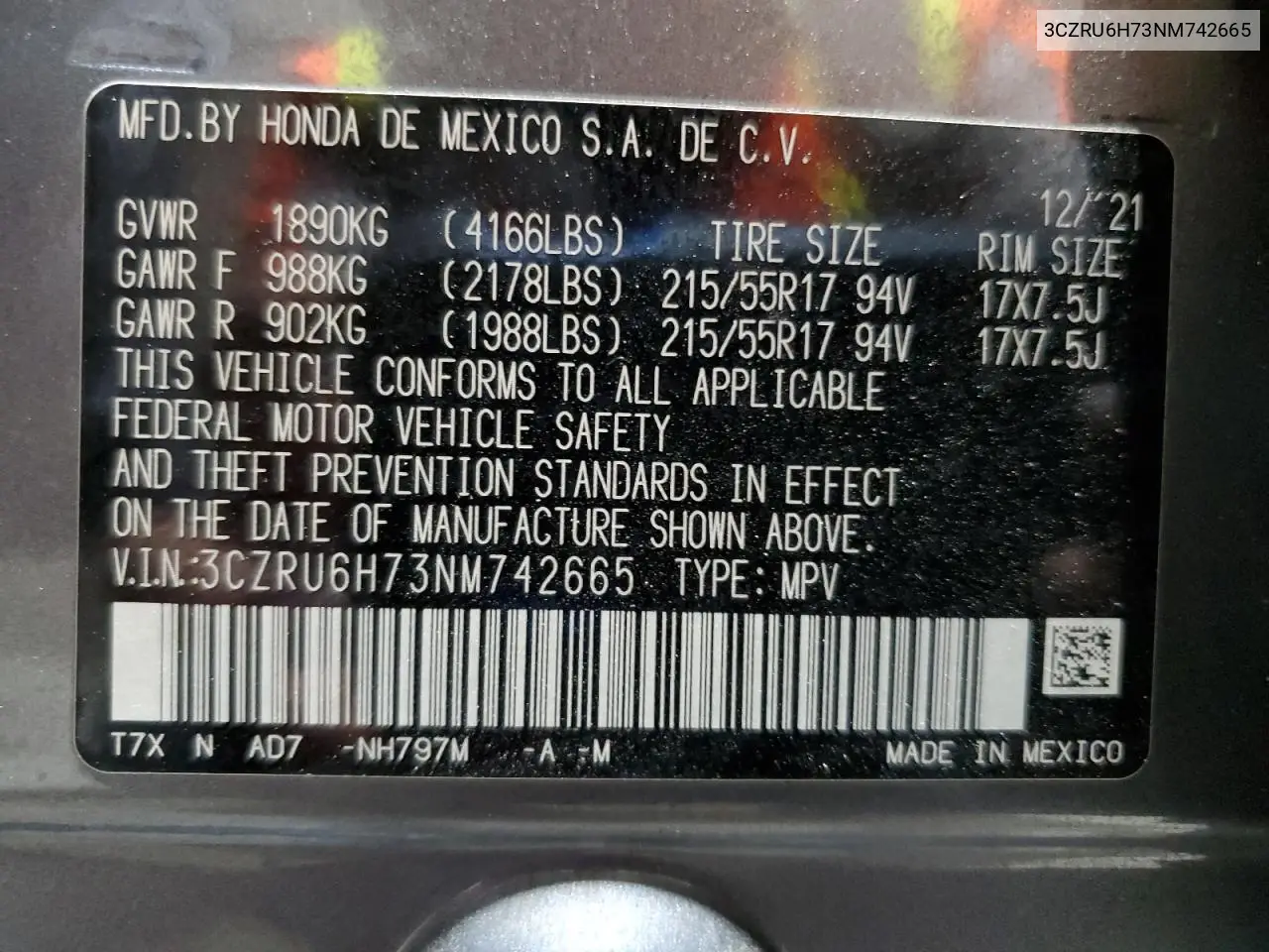 3CZRU6H73NM742665 2022 Honda Hr-V Exl