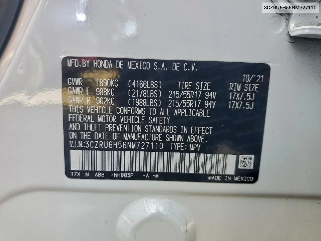 3CZRU6H56NM727110 2022 Honda Hr-V Ex