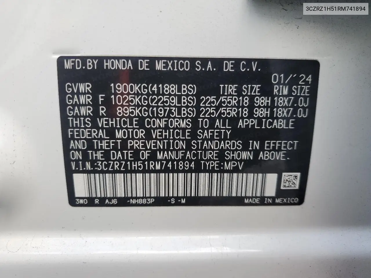 3CZRZ1H51RM741894 2024 Honda Hr-V Sport