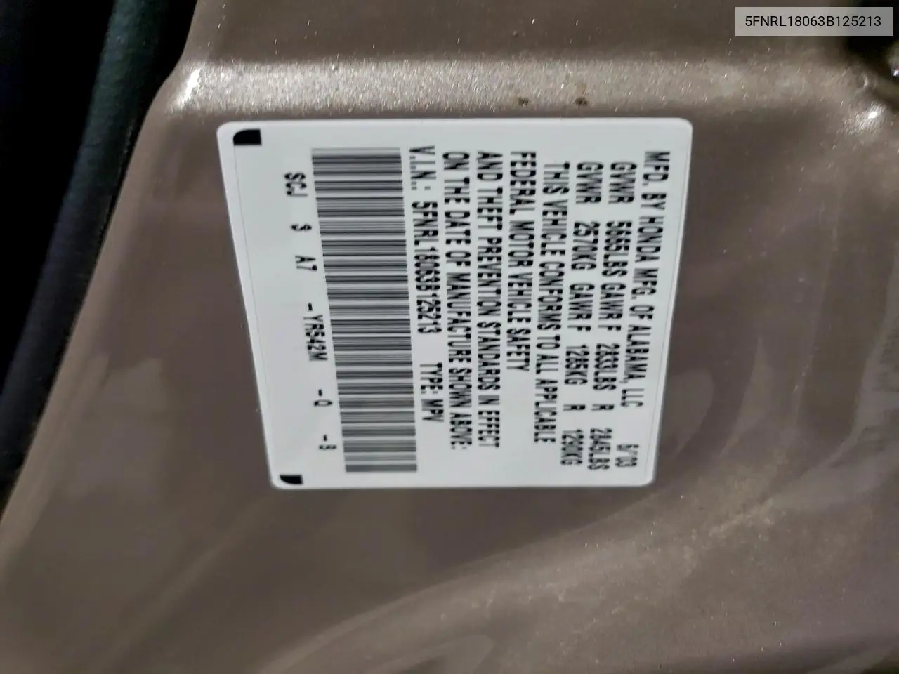5FNRL18063B125213 2003 Honda Odyssey Exl