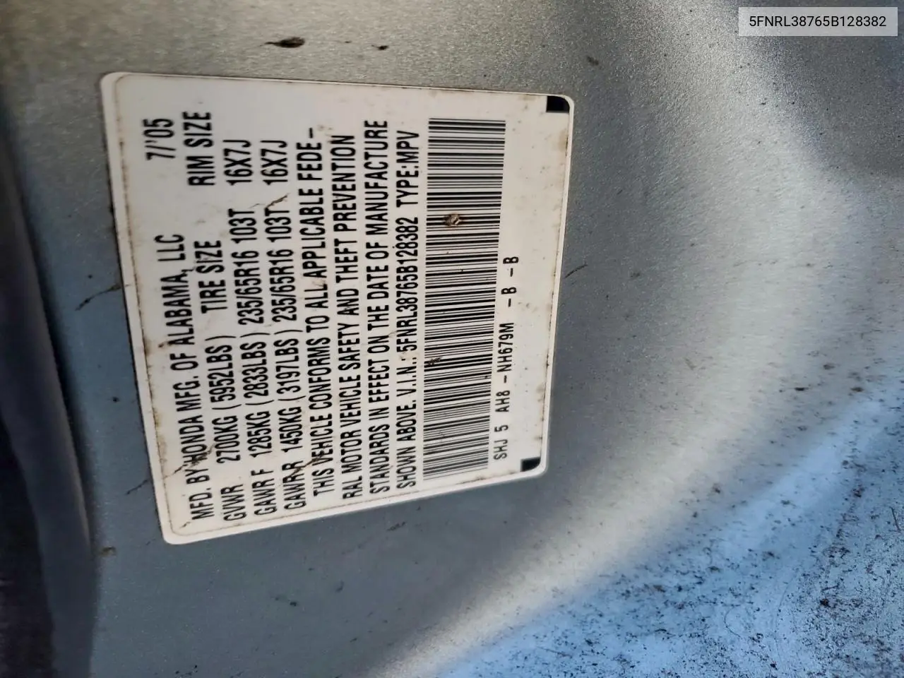 5FNRL38765B128382 2005 Honda Odyssey Exl