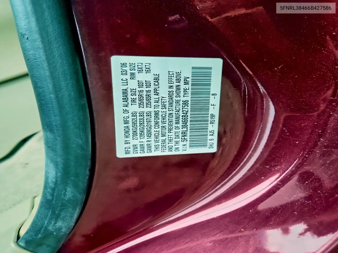 5FNRL38466B427586 2006 Honda Odyssey Ex