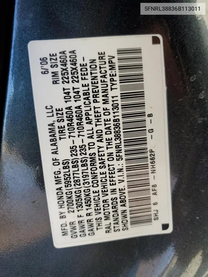 5FNRL38836B113011 2006 Honda Odyssey Touring
