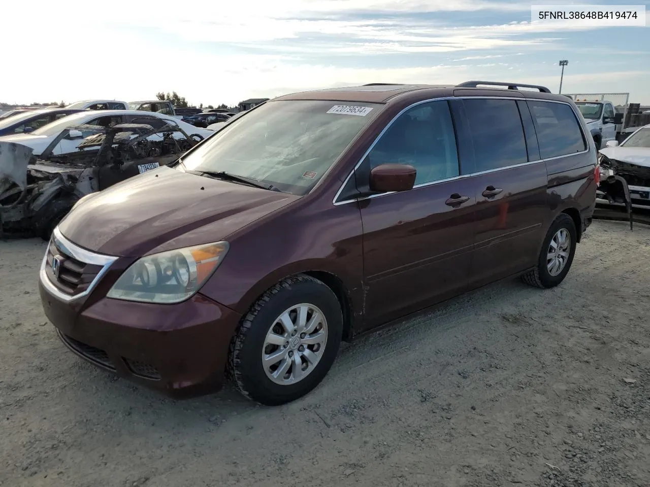 2008 Honda Odyssey Exl VIN: 5FNRL38648B419474 Lot: 72079634