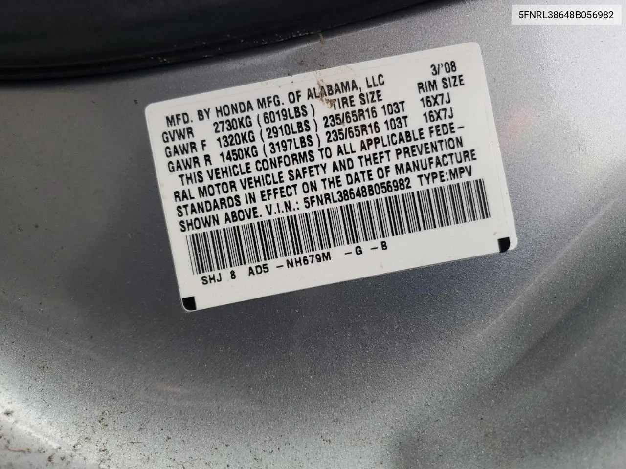 5FNRL38648B056982 2008 Honda Odyssey Exl