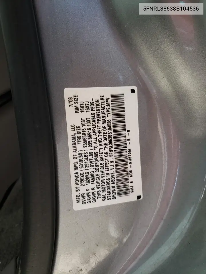 5FNRL38638B104536 2008 Honda Odyssey Exl