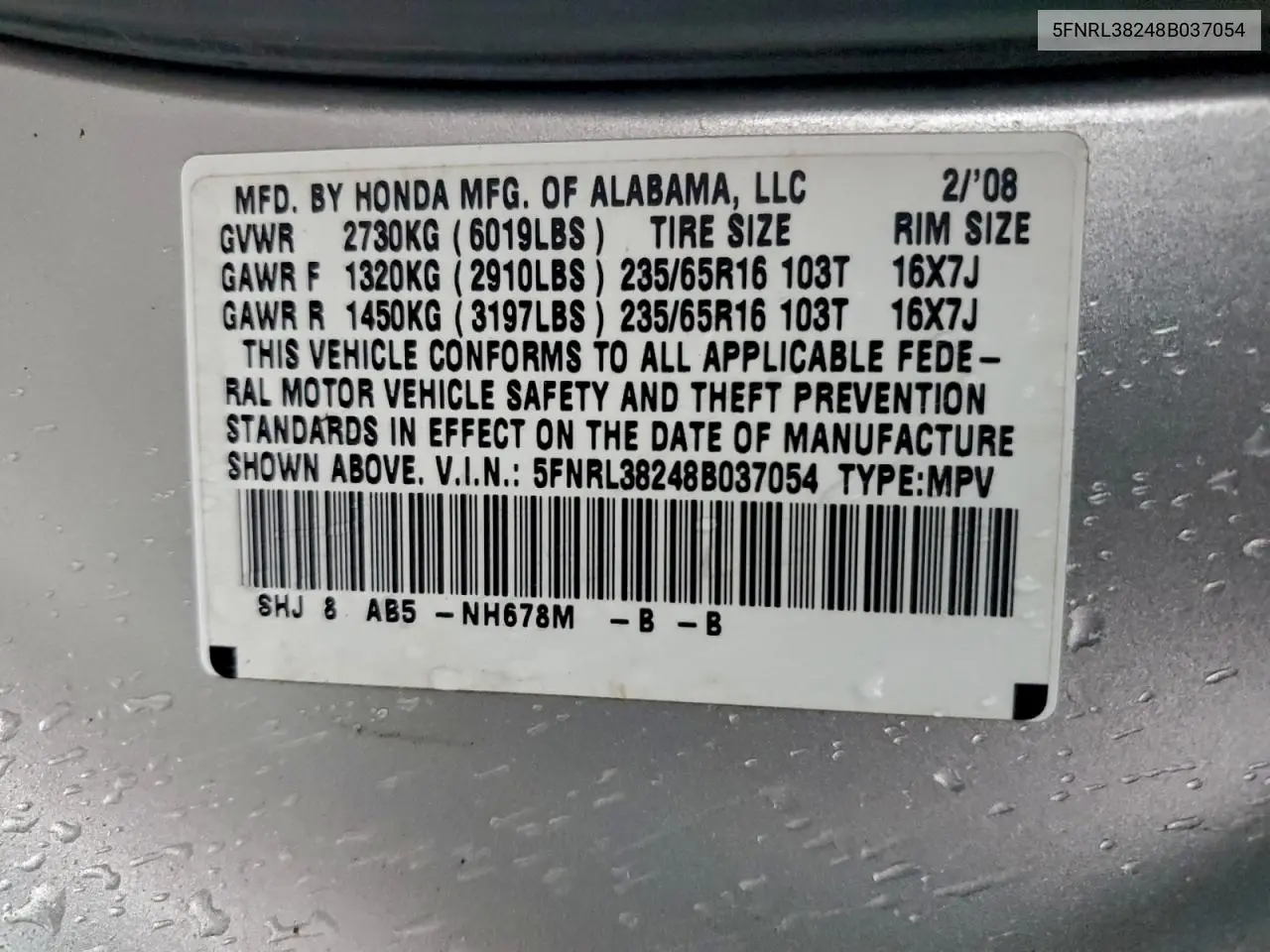 5FNRL38248B037054 2008 Honda Odyssey Lx