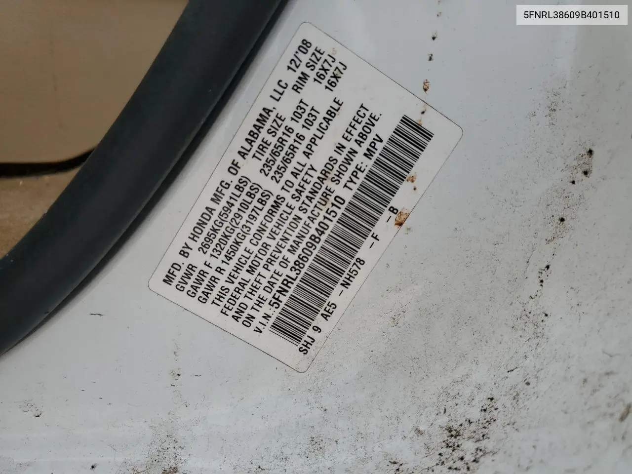 5FNRL38609B401510 2009 Honda Odyssey Exl