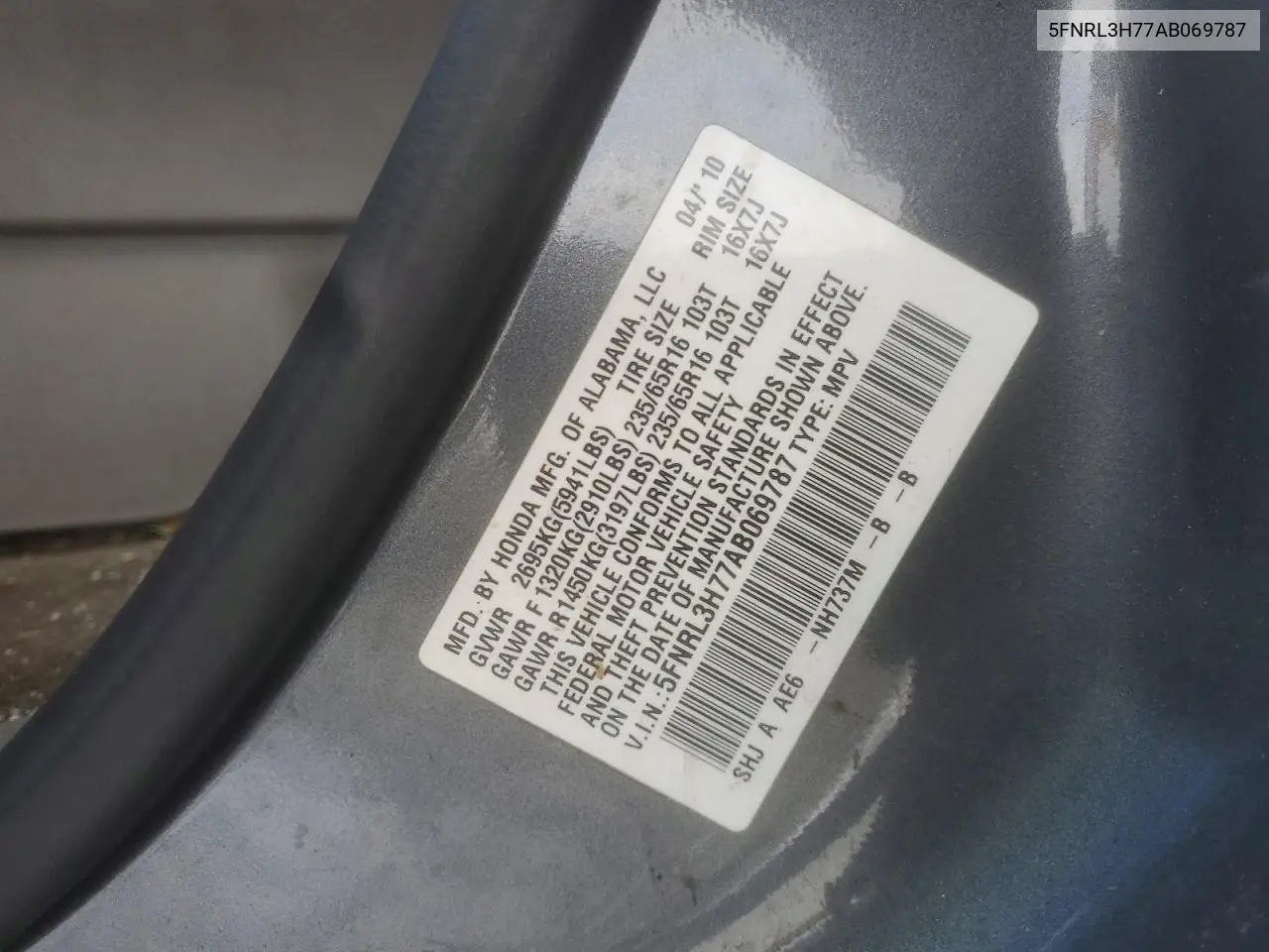 5FNRL3H77AB069787 2010 Honda Odyssey Exl