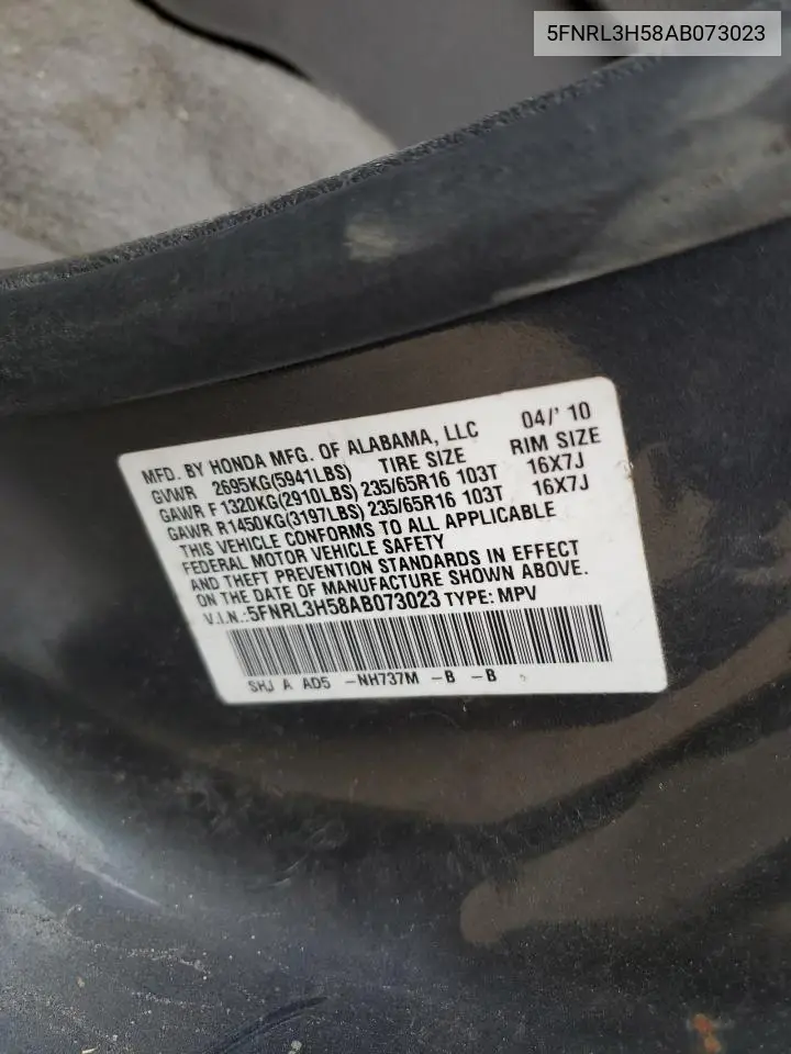 5FNRL3H58AB073023 2010 Honda Odyssey Ex