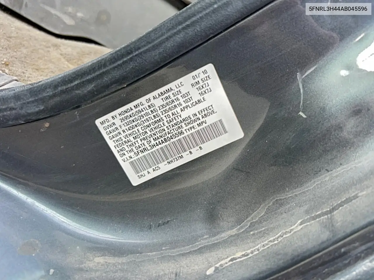 5FNRL3H44AB045596 2010 Honda Odyssey Ex