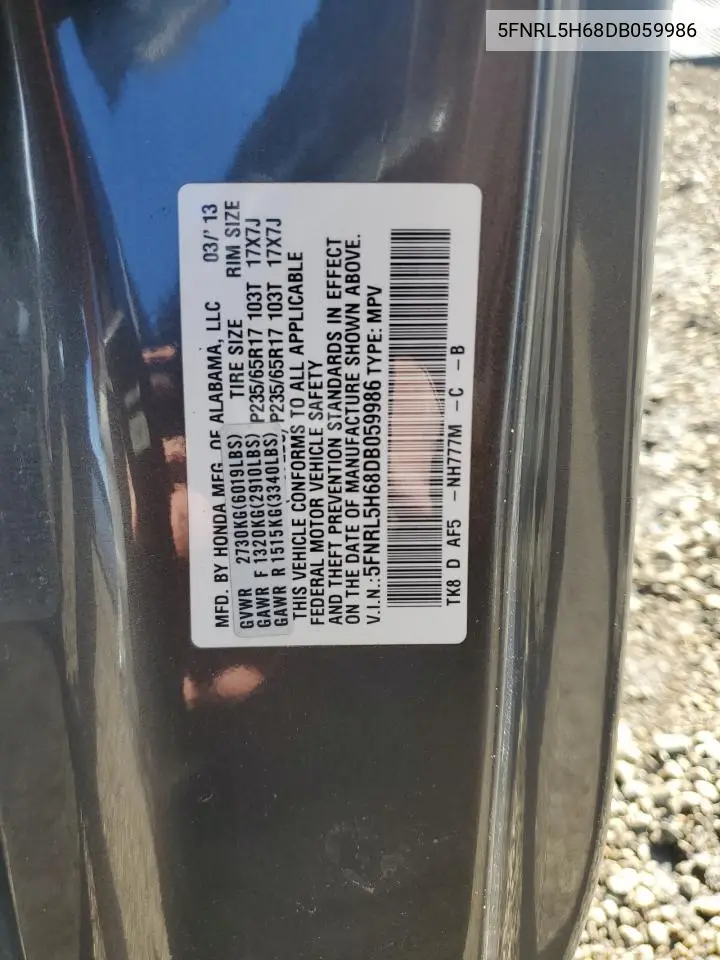 5FNRL5H68DB059986 2013 Honda Odyssey Exl