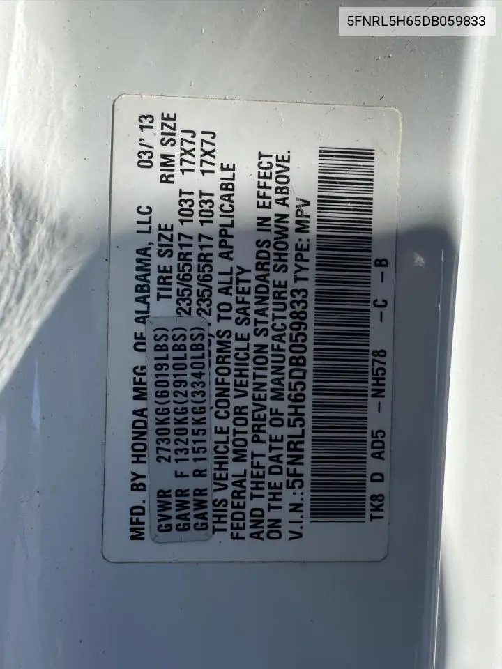 5FNRL5H65DB059833 2013 Honda Odyssey Exl