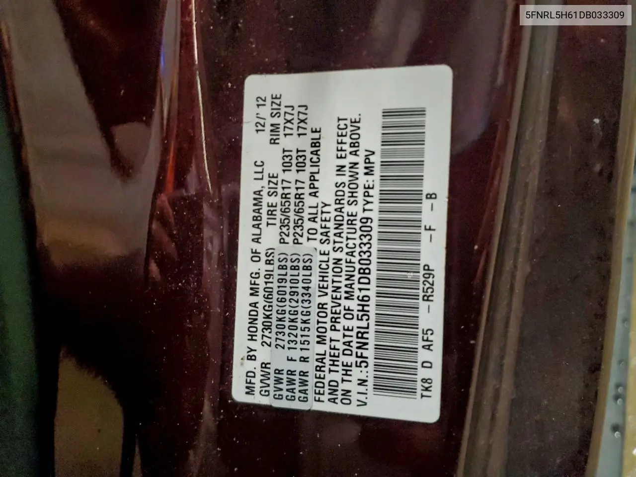 5FNRL5H61DB033309 2013 Honda Odyssey Exl