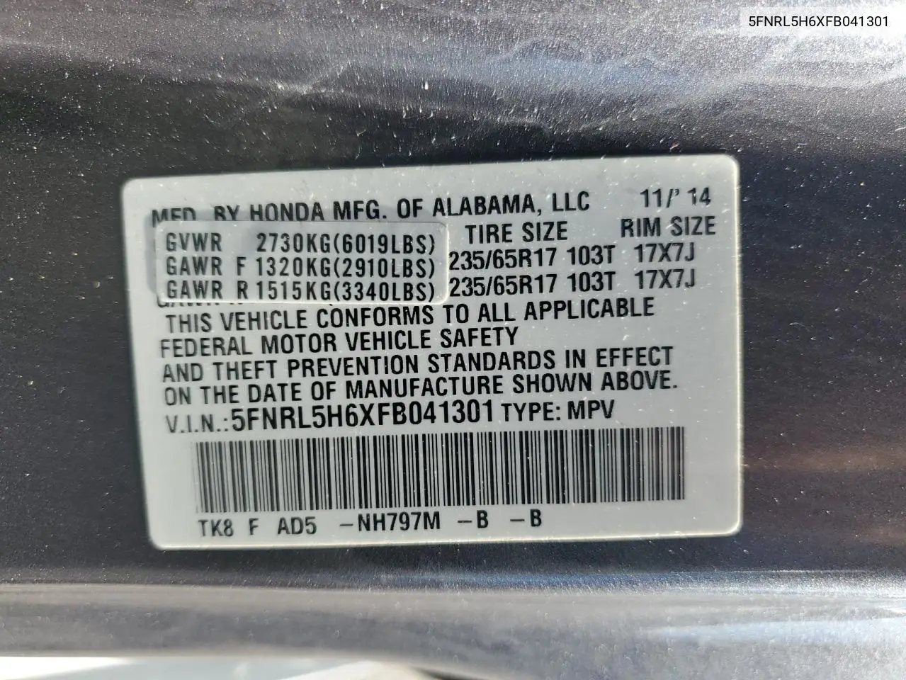 5FNRL5H6XFB041301 2015 Honda Odyssey Exl