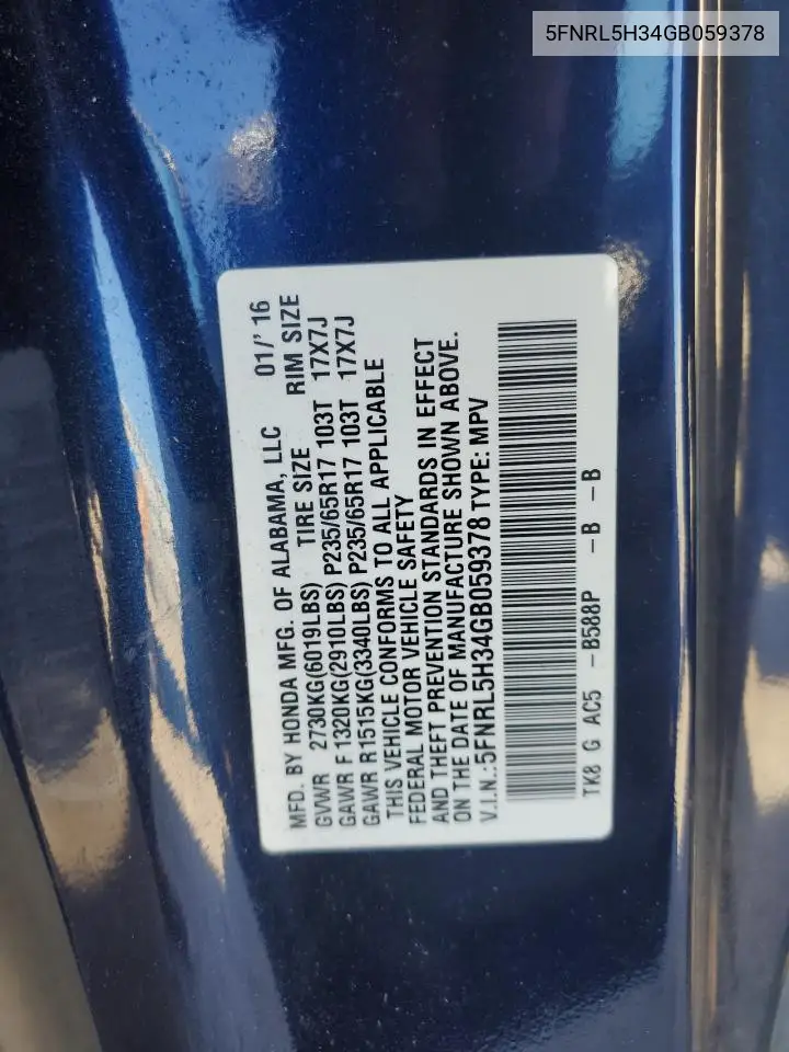 5FNRL5H34GB059378 2016 Honda Odyssey Se