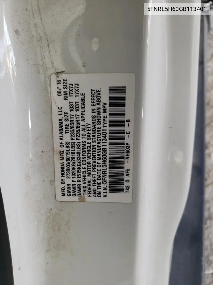 5FNRL5H60GB113401 2016 Honda Odyssey Exl