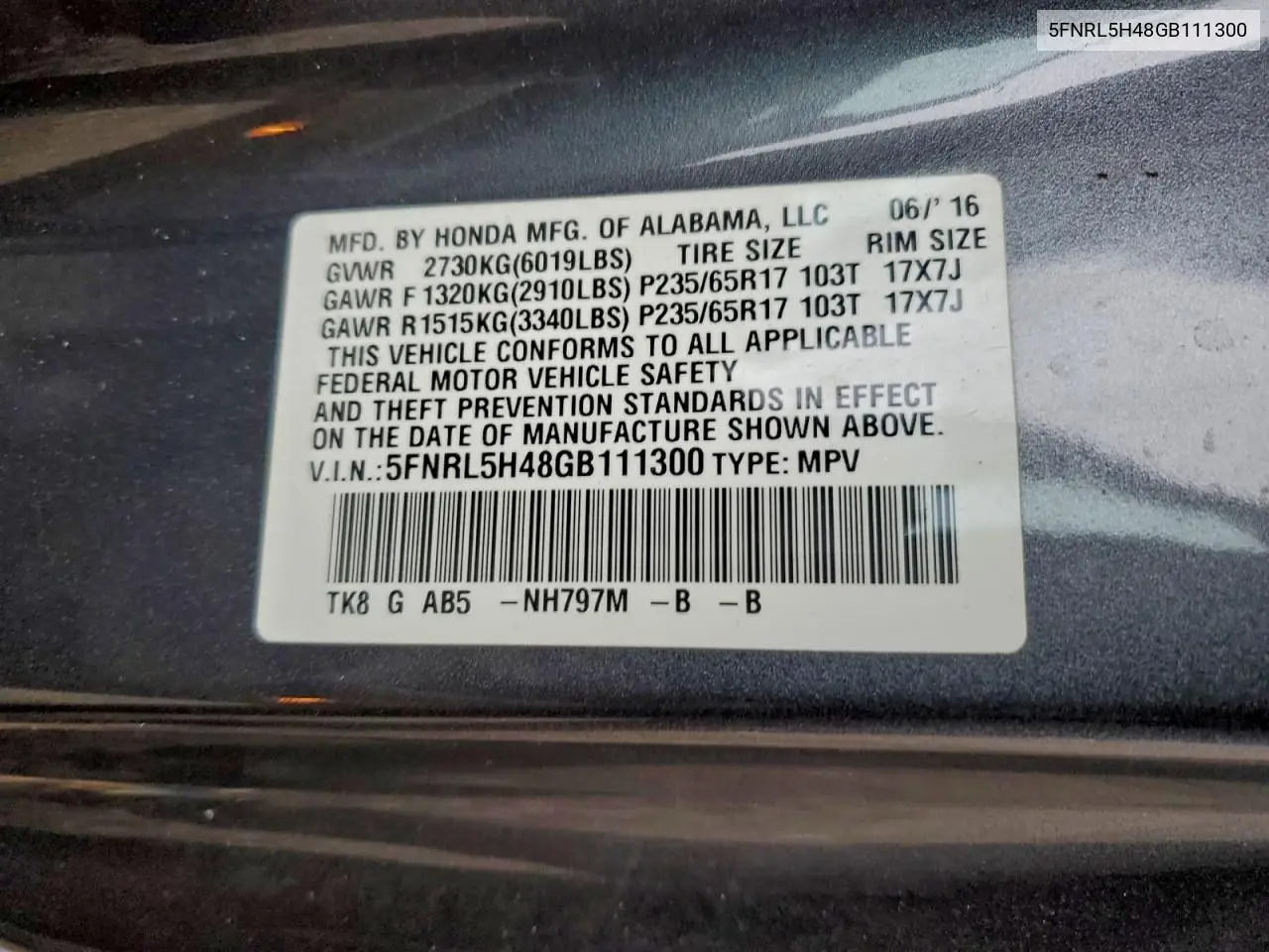 5FNRL5H48GB111300 2016 Honda Odyssey Ex