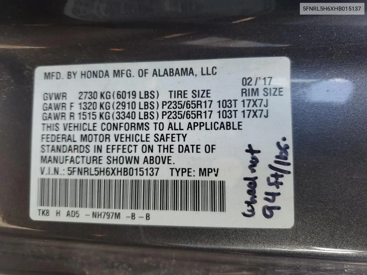 5FNRL5H6XHB015137 2017 Honda Odyssey Exl