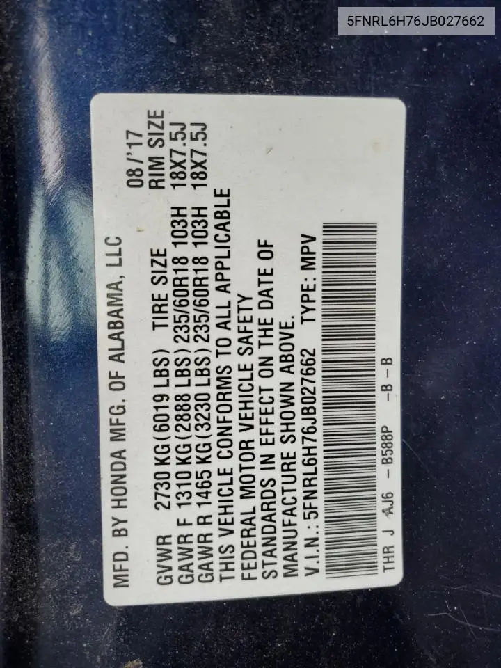 5FNRL6H76JB027662 2018 Honda Odyssey Exl