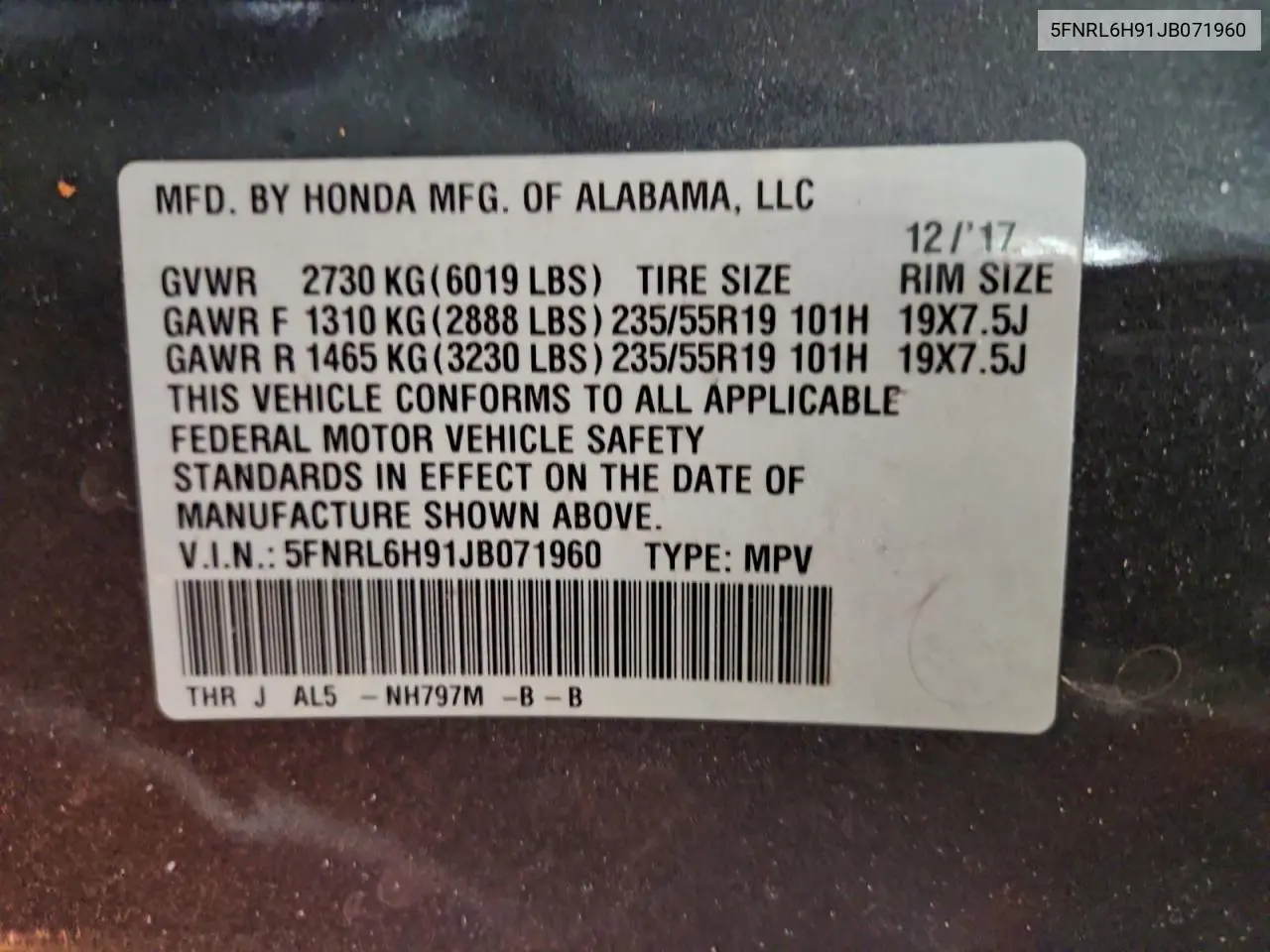 5FNRL6H91JB071960 2018 Honda Odyssey Elite