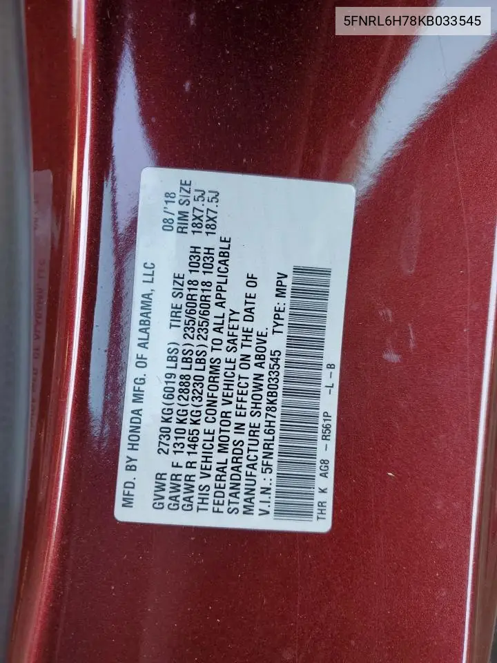 5FNRL6H78KB033545 2019 Honda Odyssey Exl
