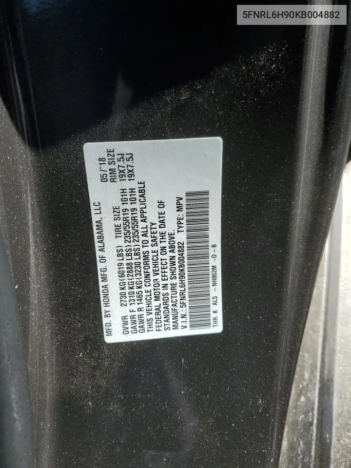 5FNRL6H90KB004882 2019 Honda Odyssey Elite