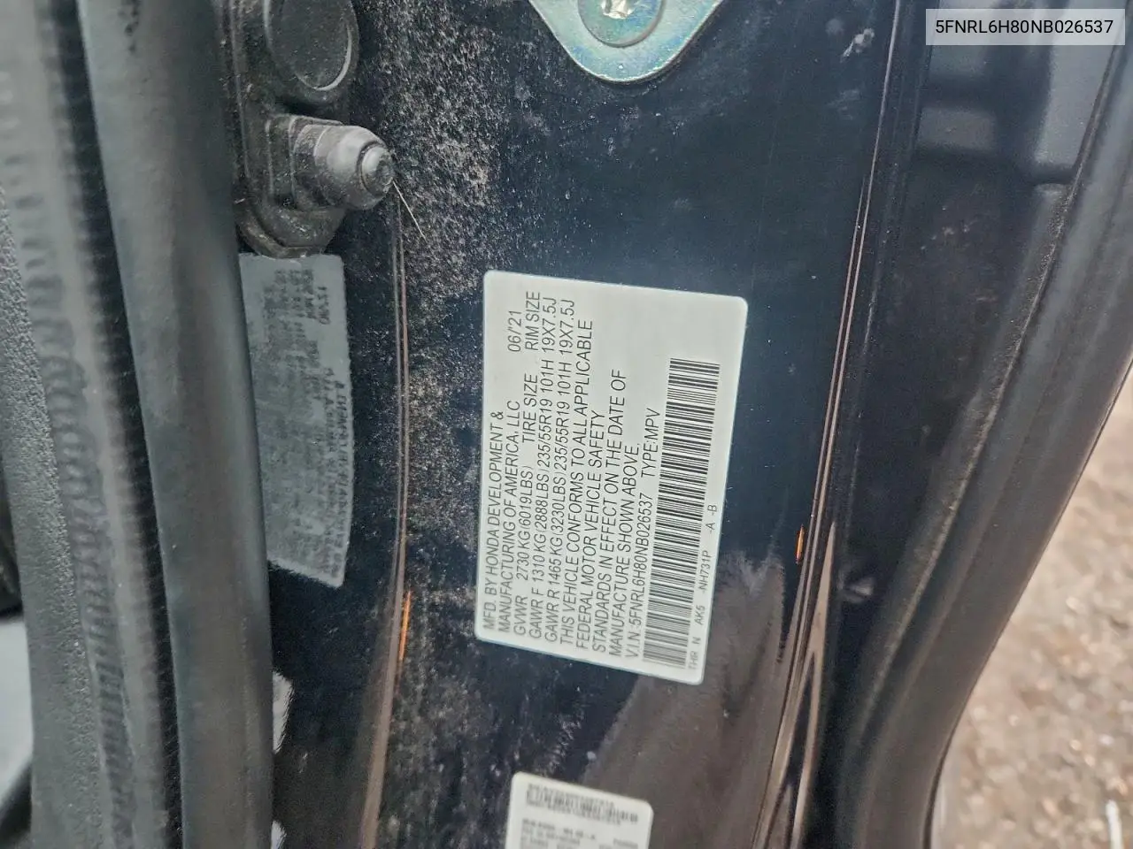 5FNRL6H80NB026537 2022 Honda Odyssey Touring