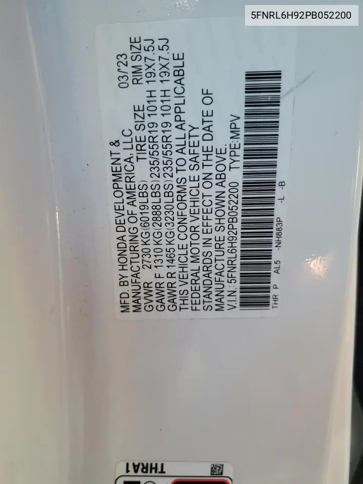 5FNRL6H92PB052200 2023 Honda Odyssey Elite
