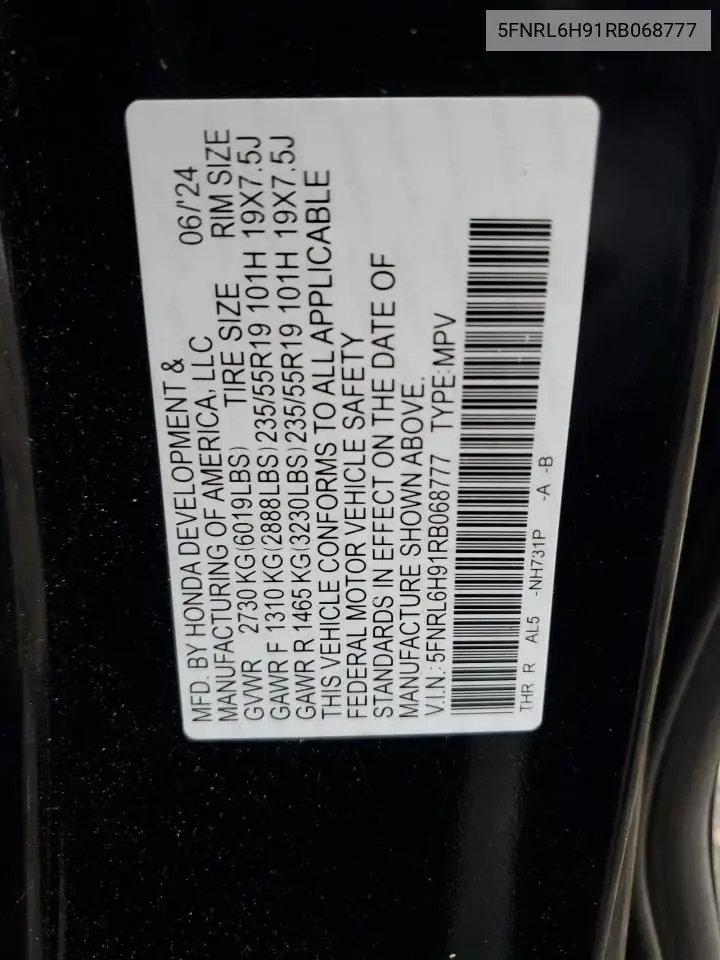5FNRL6H91RB068777 2024 Honda Odyssey Elite