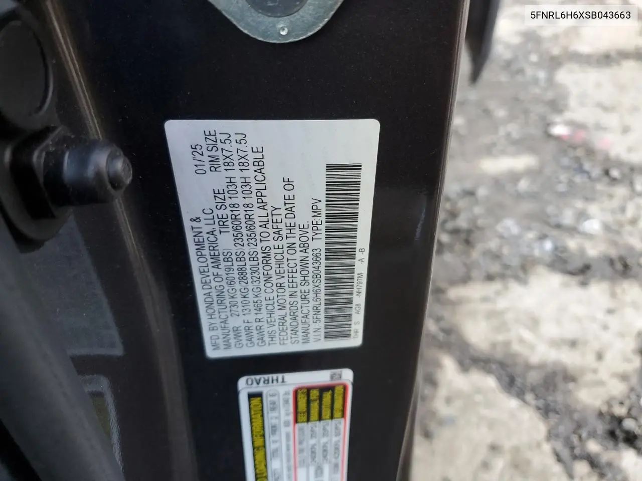 5FNRL6H6XSB043663 2025 Honda Odyssey Exl
