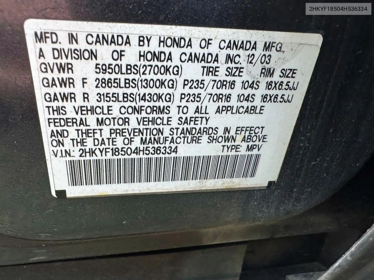 2HKYF18504H536334 2004 Honda Pilot Exl