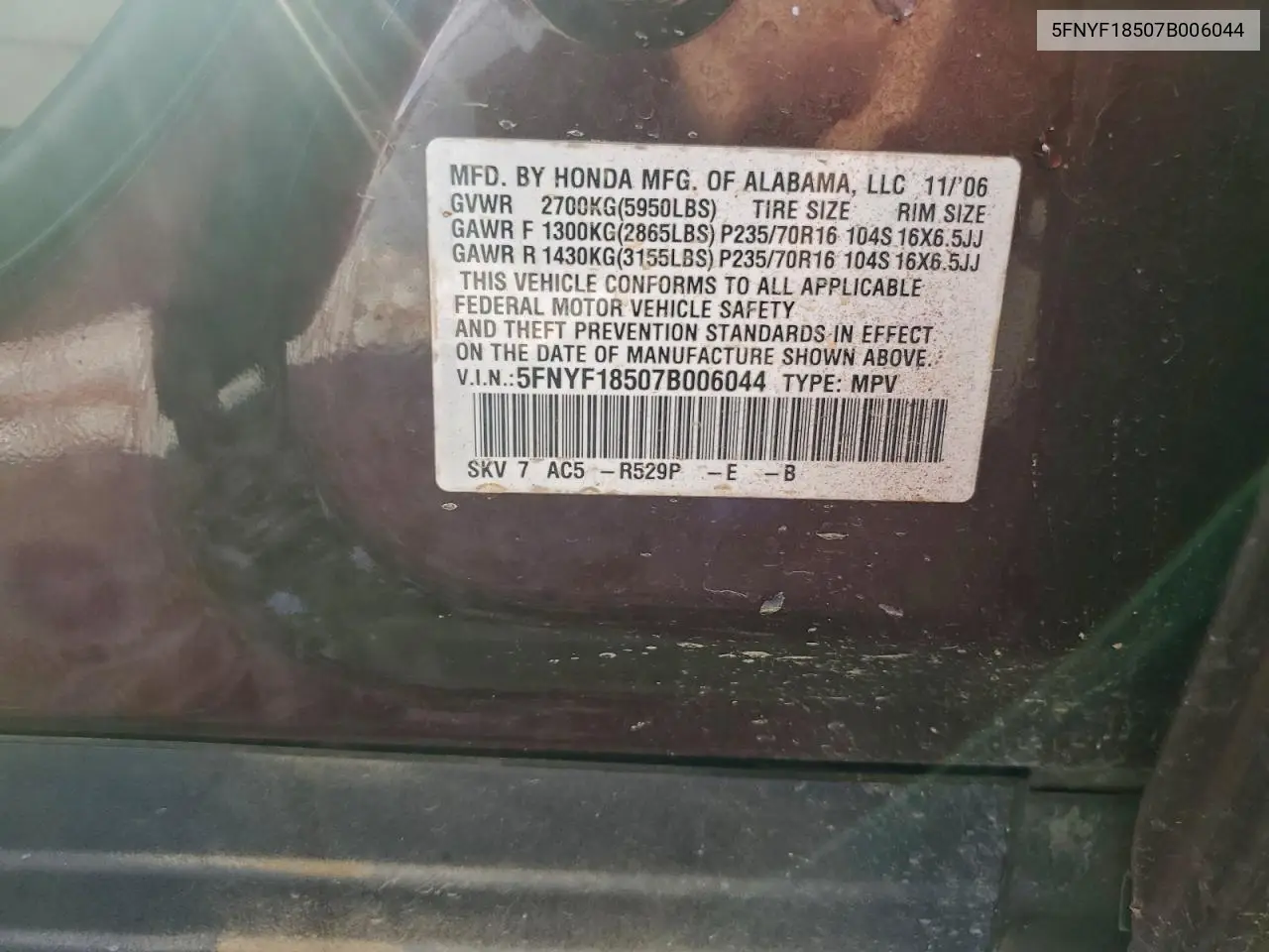 5FNYF18507B006044 2007 Honda Pilot Exl
