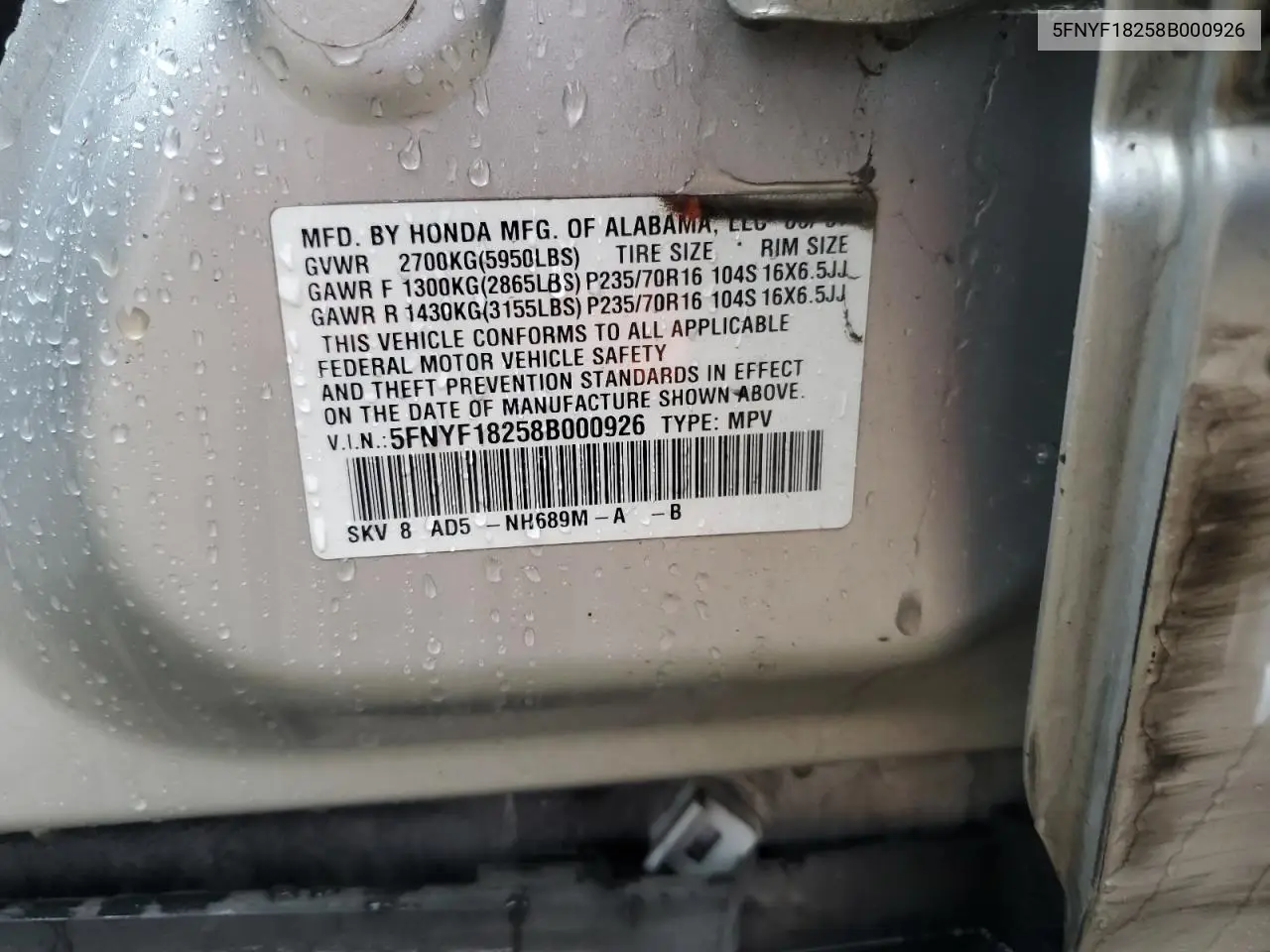 5FNYF18258B000926 2008 Honda Pilot Vp