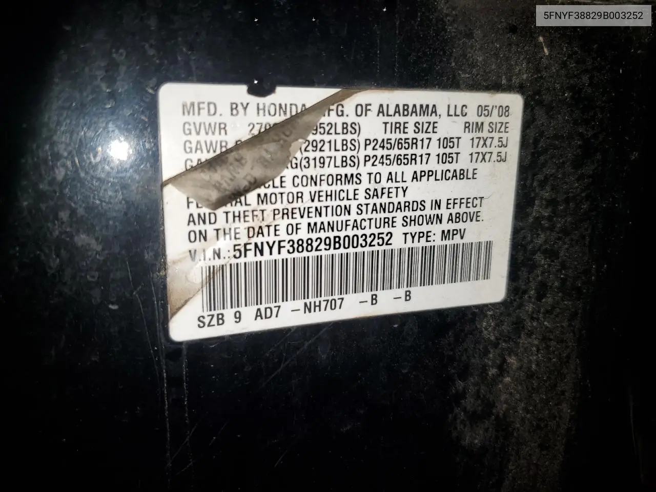 5FNYF38829B003252 2009 Honda Pilot Touring