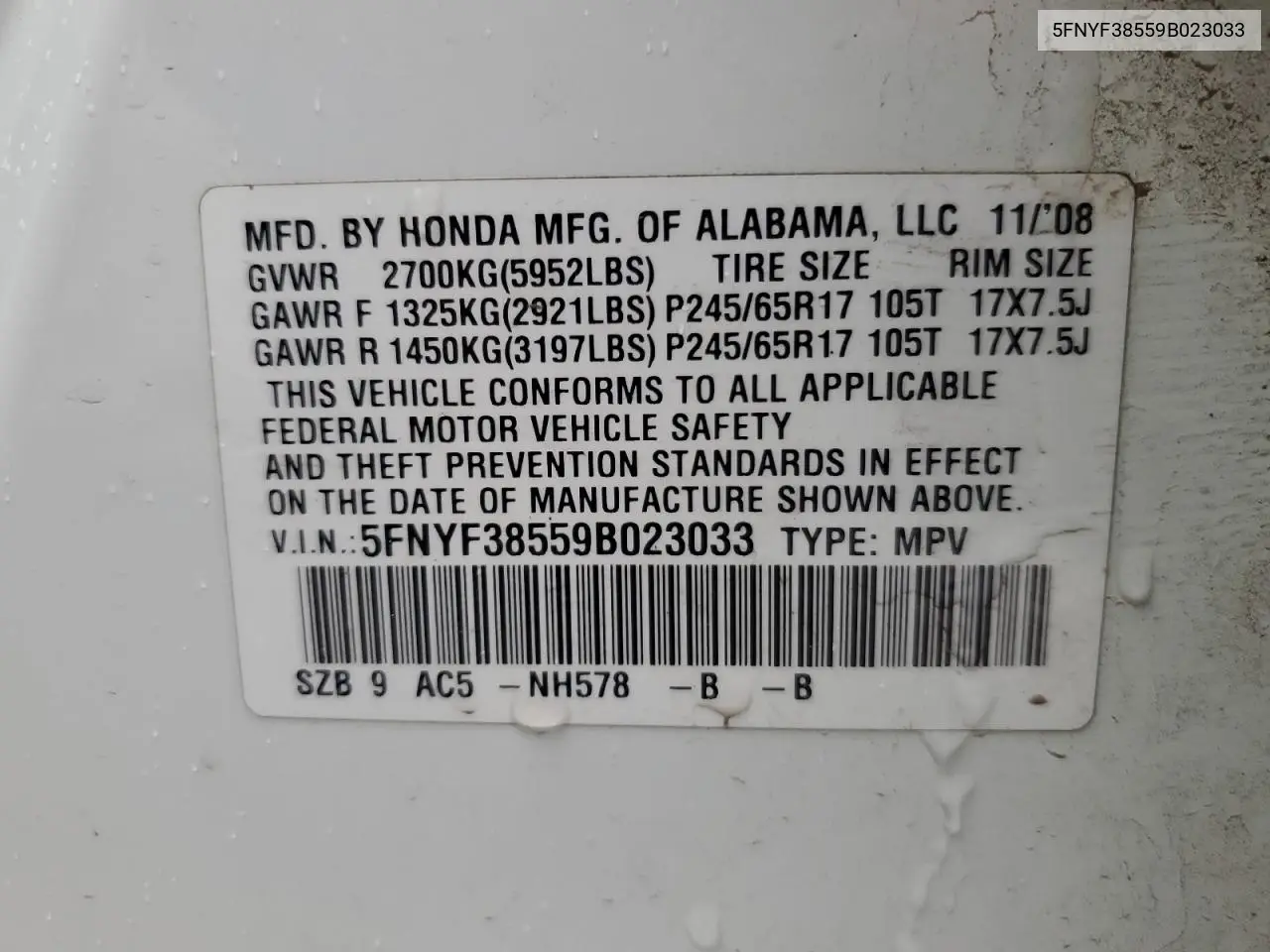 5FNYF38559B023033 2009 Honda Pilot Exl