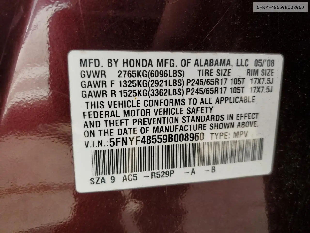 5FNYF48559B008960 2009 Honda Pilot Exl